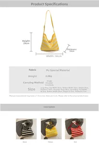 Detailed size chart for the striped tote bag with dimensions for large and small models