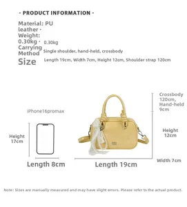 Größenvergleich und Details der gelben PU-Leder-Handtasche mit Perlenbesatz