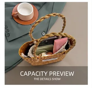Practical capacity of woven straw tote bag showing phone, wallet and cosmetics inside