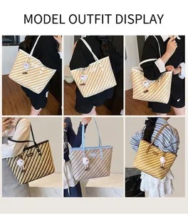 Detail of colorful striped woven tote bags with plush charm and slender shoulder straps