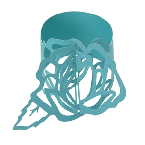 Detailed laser-cut hollow rose paper napkin ring in elegant teal pearl paper finish