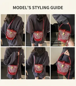 Collage of model showcasing red bucket bag with silver embroidery and gold clasp details