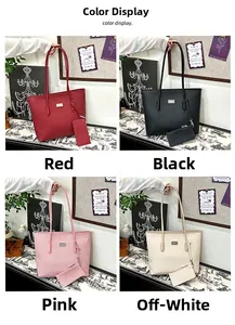 Detail showing tote bag colors in red, black, pink, and off-white with V-shaped texture