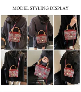 Multiple views of a Chinese style red bucket bag with bamboo top handle and gold clasp