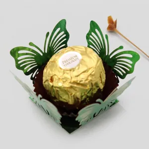 Laser-cut hollow butterfly chocolate box in metallic green paper for party favors