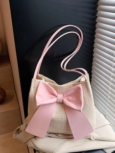Sac à Bandoulière Tissé avec Nœud Papillon Doux Sac Seau en PU Paille Mode Navette Sac à Main d'été pour Femmes Accessoires Voyage