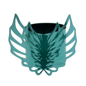 Detailed view of iridescent cyan metal napkin ring featuring laser-cut angel wing design