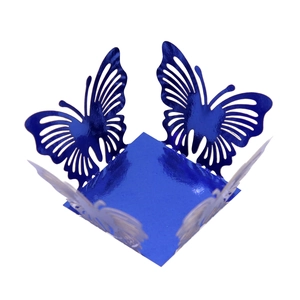 Detailed laser-cut blue butterfly party favor box with shimmering metallic finish