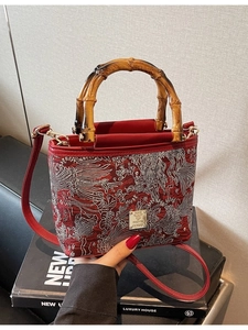 Chinese Style Phoenix Embroidery Bucket Bag Vintage Bamboo Handle Handbag For Women Wine Red PU Leather Crossbody Bag