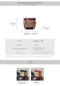 Detailed view of straw bucket bag dimensions and material specifications showing size and weight