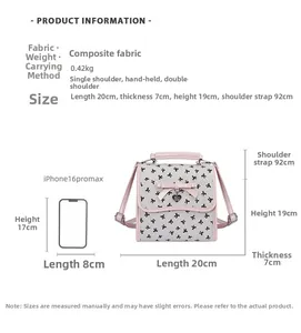 Details eines rosa Rucksacks mit Schleifenmuster inklusive Maßen und Textur des Stoffes