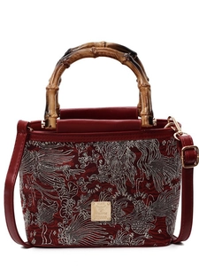 Chinese style red handbag with silver embroidery, bamboo handle and adjustable shoulder strap