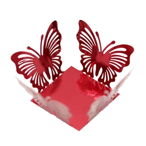 Hollow laser-cut butterfly candy box in shiny metallic red finish for wedding decor