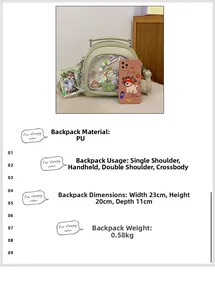 Detail view of a green PU crossbody bag showing dimensions 23x20x11cm and window design