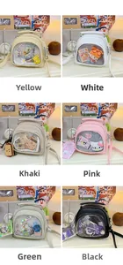 Detailed view of versatile ita bags in six colors with transparent PVC windows for badges