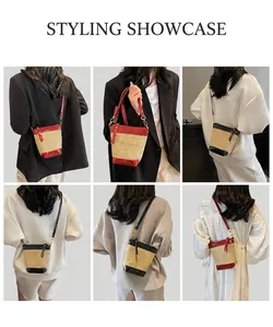 Straw bucket bag with contrast leather trim shown in multiple carrying styles