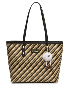 Sac cabas tissé à rayures avec poignées noires, rivets dorés et porte-clé monstre