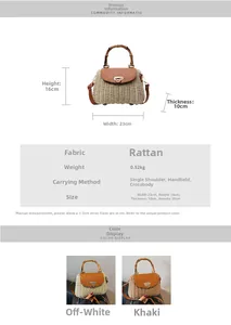 Detailed size chart for straw handbag with bamboo handle showing precise dimensions