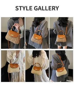 Detail view of woven straw handbag featuring a bamboo handle and gold ring buckle closure