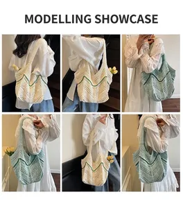 Multi-angle views of handmade woven tote bag in mint green and beige for summer