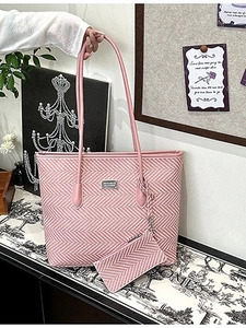 Pink woven tote bag set for women featuring large capacity and matching zip pouch detail