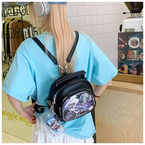 Detailed back view of a black PU ita bag with transparent window and anime badges