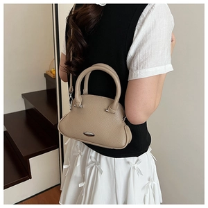 Khaki litchi grain PU leather shell bag with elegant metal plate and detachable strap