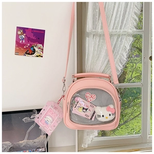 Pink PU leather crossbody ita bag featuring clear PVC window with cute character cards