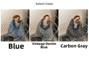 Detailed comparison of denim tote bags in blue, vintage denim, and charcoal grey tones