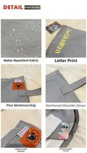 Vues détaillées du sac fourre-tout en nylon gris imperméable avec lettrage et patch de chat