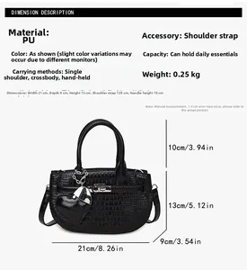 Detailed dimensions of black crocodile pattern PU handbag with metal heart charm