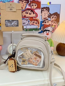 Women PU Leather Ita Bag Transparent Window Fashion Anime Backpack Crossbody Bag With Stitching Detail Versatile Student Bookbag