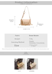 Detail view of woven straw shoulder bag showing dimensions 21x12x10cm with chain strap