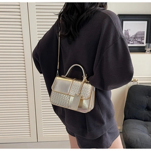 Detail of champagne gold crossbody bag with woven texture and metallic finish on model