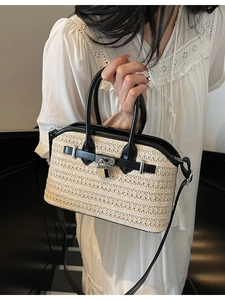 Vintage Straw Woven Handbag For Women Contrast Synthetic Leather Trim Metal Lock Square Shoulder Messenger Beach Vacation Bag