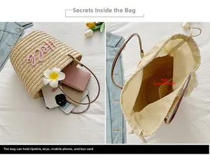 Detail der Strohtasche mit rosa Hello Stickerei und großem Innenraum für Zubehör