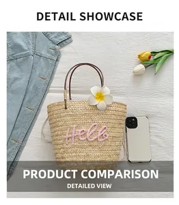 Detailansicht der Stroh-Beuteltasche mit rosa Hello-Stickerei und runden Holzgriffen