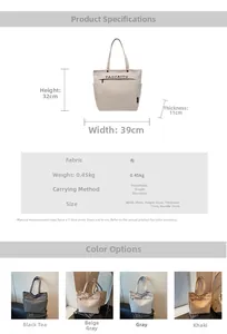 Tabella taglie borsa tote in tela con dimensioni 32x39x11cm e dettagli tecnici del prodotto