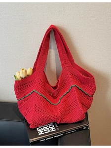 Women Handmade Knitted Hollow Out Shoulder Bag Large Capacity Crochet Tote Bag Beach Vacation Contrast Color Hobo Bag