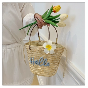 Detailansicht der Strohtasche mit blauer Hello-Stickerei und kleiner Frangipani-Blüte