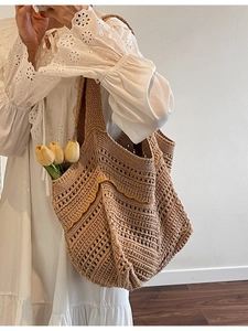 Handmade hollow woven tote bag in khaki, large capacity shoulder bag for summer beach travel