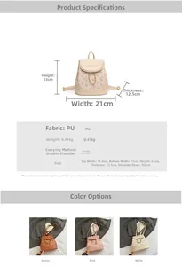 Detailed size chart for women's mini PU leather backpack showing dimensions and weight info