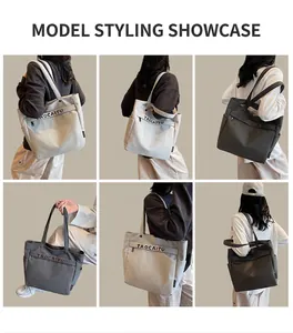 Multiple views of large canvas tote bag with side pocket and shoulder straps