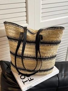 Sac Cabas Tissé à Rayures Grande Capacité Sac à Épaule en Paille Mode Sac de Plage Été Décontracté pour Femme