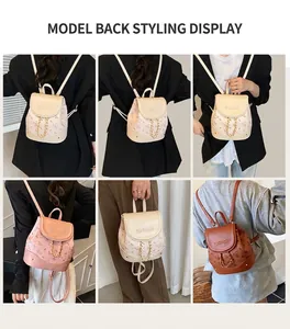 Detailed views of mini backpack with bear patterns and metal chain on models