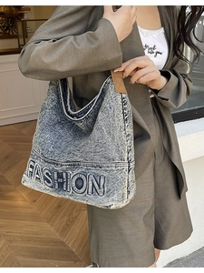 Women Vintage Washed Denim Tote Bag Large Capacity Letter Embroidery Shoulder Bag Casual Commuter Hobo Handbag