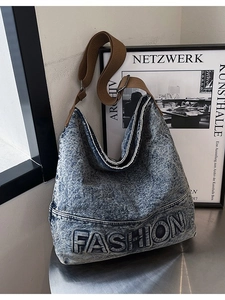 Vintage washed denim hobo bag with fashion embroidery and adjustable brown strap