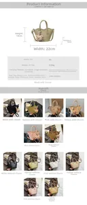 Tableau détaillé montrant les dimensions et couleurs du mini sac seau avec pendentif