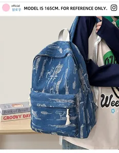 Detailed close-up of distressed denim backpack featuring vintage ripped texture and drawstring