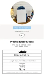 Size chart for denim backpack showing dimensions 28x12x40cm and capacity details